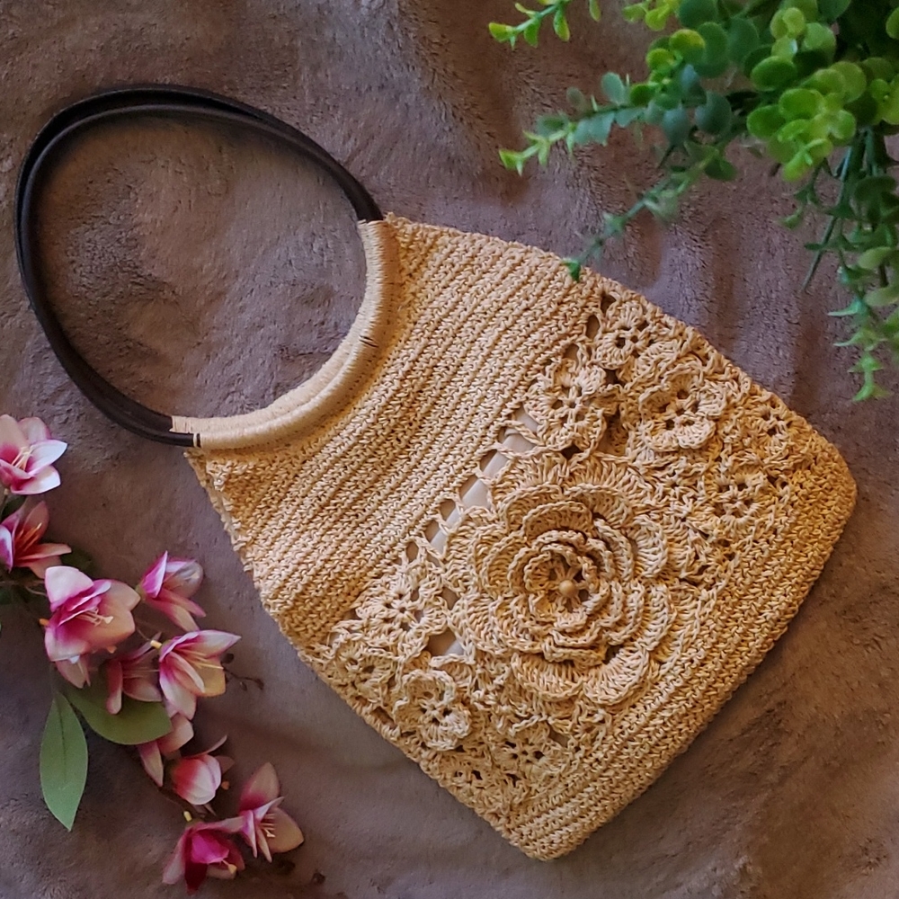 Vintage Seagrass Crochet Flowers Shoulder Bag